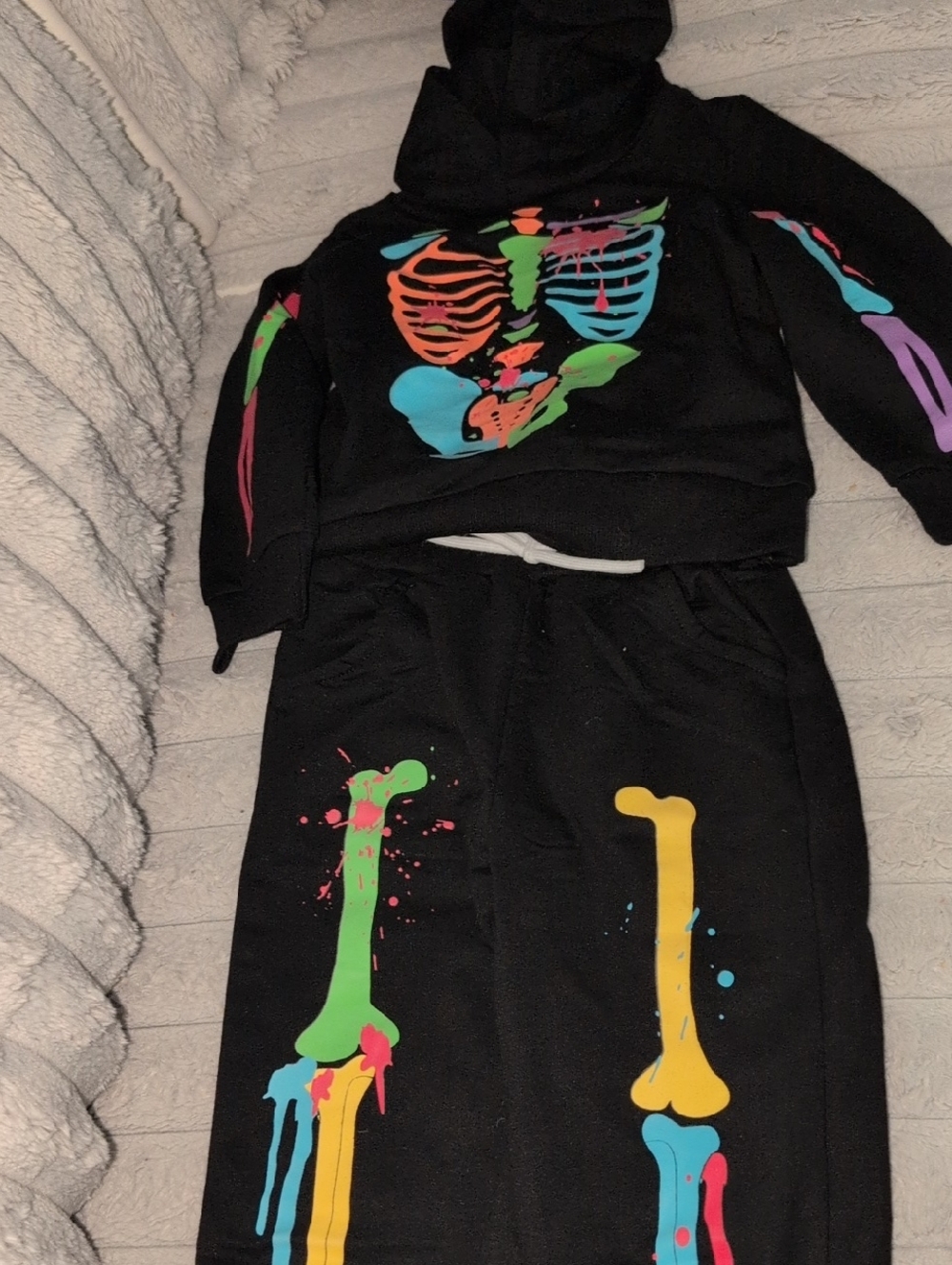 Unk Kids Black Hoodie & Jogger Set with Neon Skeleton Print